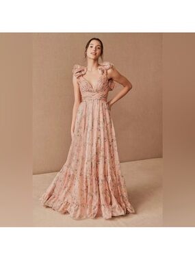 Mac Duggal Pink Floral Tiered Gown With Ruffle Sleeves size 0